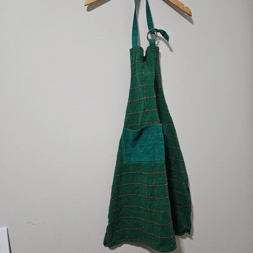 Crate & Barrel‎ Green Plaid Cotton Apron Handwoven India Red Windowpane Check